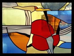 Autonomous stained glass: "Red Moonrise", 2.8' w. by 2.0' h., location unknown.