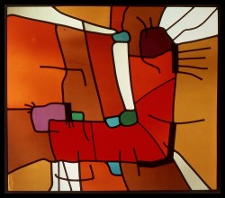 Autonomous stained glass: "Brand: Jumpin' "J"", 2.2' w. by 1.8' h., destroyed in gallery fire.