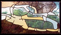 Autonomous stained glass: "Luna's Jacal", 2.5' w. by 1/3' h., destroyed in gallery fire.