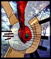 Autonomous stained glass: "Seems it Used to be Alright", 2.7' w. by 3.0' h., private collection, Kalispell, MT.