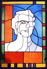 Autonomous stained glass: Self Portrait, 1.8' w. by 2.5' h., artist's collection.