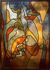 Autonomous stained glass: "Germination", 1.8' h. by 2.5' w., artist's collection.