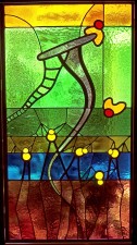 Autonomous stained glass: "Dream Climb", 1.4' w. by 2.6' h., location unknown.