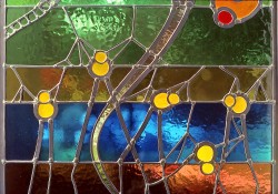 Autonomous stained glass: "Dream Climb" detail, 1.4' w. by 2.6' h., location unknown.