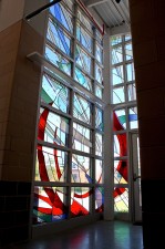 “Fire and Water”: stained glass of mouthblown German glass, dichroic glass, lenses.