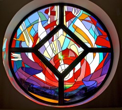 Altar Window, "Enlightenment" stained glass made from imported, mouthblown glass and prisms.