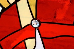 Detail: Altar Stained Glass Window, "Enlightenment" showing Austrian lead-crystal prism.