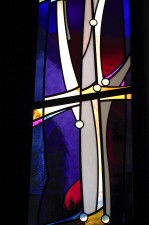 Middle "Meditation" window with cross: Mouthblown German glass, opal lenses.