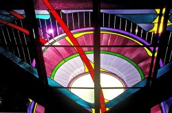 Hope Chapel Windows: triangular ceiling with "light-lines" and dichroic ripples (circles).