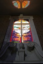 First Presbyterian Church, Pine Bluff, Arkansas: Narthex Window at night.