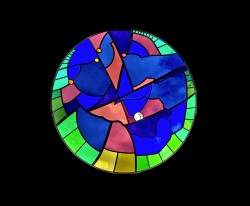 West-facing "Twilight" stained glass window: imported mouthblown glass, lead-crystal prism.