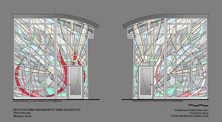 Schematic renderings of stained glass as viewed from inside vs. outside.