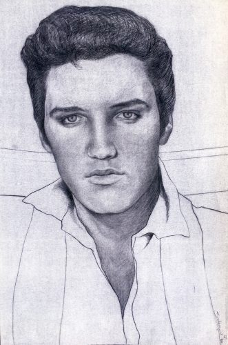 Detail: Blue-line print from Ellen Soderquist's larger-than-life, full-figure portrait of Elvis.