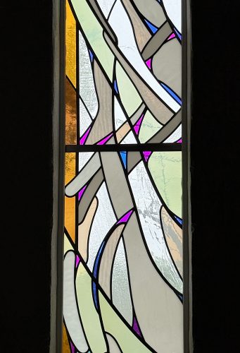 Detail view of mouthblown white Opal and Opak glasses, and dichroic glass.