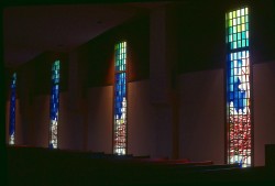 Prison chapel etched stained glass: view from Altar.