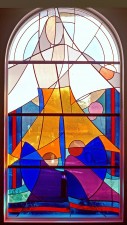"Jesus Calling the Fishermen" stained glass window: French and German mouthblown glass.