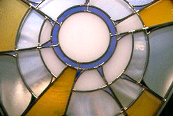 Altar "Window" detail; German mouthblown glass, dichroic glass, etched stars.