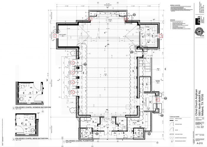 Pre-Design visits ensured that the design of stained glass would emerge as an extension of the expectations of  Christ Church and the vision of its Architects. (Floor Plan courtesy Rhotenberry Wellen Architects, Midland)