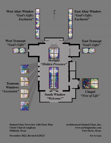 In this Overview the stained glass designs are laid out around a plan-view of the Sanctuary.
Keep the previous sequence showing the evolution of the design for the Transom Windows in mind as we take a look at the rest of the stained glass designs. . .