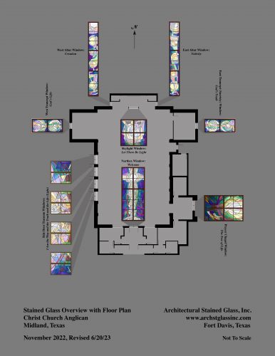 In this Overview the stained glass designs are laid out around a plan-view of the Sanctuary.
Keep the previous sequence showing the evolution of the design for the Transom Windows in mind as we take a look at the rest of the stained glass designs. . .