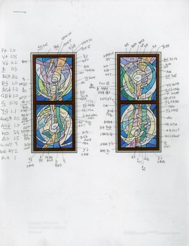 Glass choices are carefully added to cartoons and recorded for possible future conservation or repair efforts. Over 150 colors made up the palette for the Window for Christ Church: mouthblown glass from Germany, Poland and Seattle; various rolled glasses from the US; plus over 6 dozen Austrian crystal prisms.