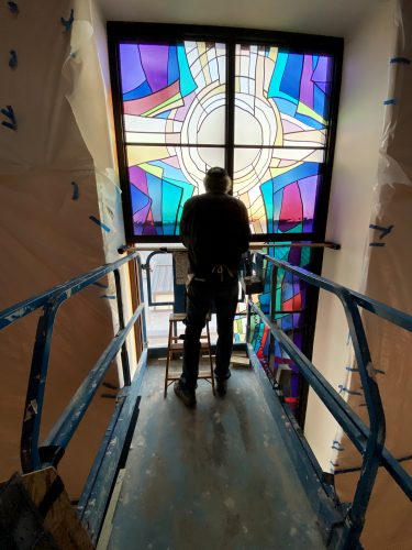 After levitating the Skylight into place, the South Window, 