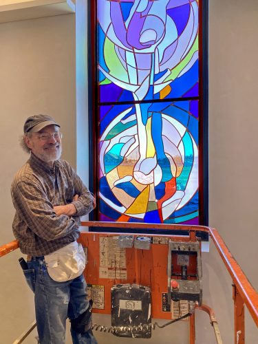 Just reattached the last of the stops holding the West Transept Window in its window frame. Two sets of screw-applied stops clinch each panel of stained glass into its frame. For further details click on 