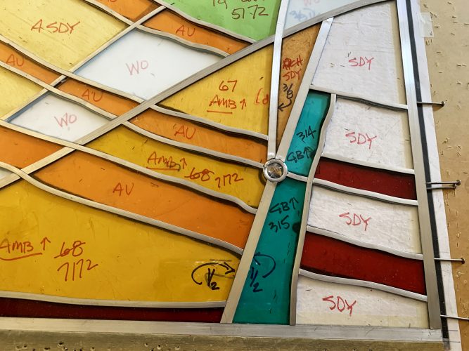 Close up of unsoldered stained glass. (the 4 photos in this soldering sequence are actually from the Transom Windows:  