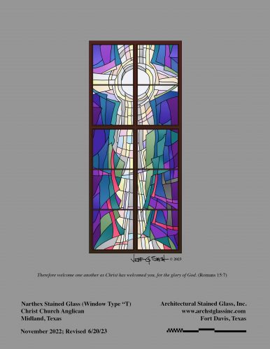 The Narthex Window greets worshipers from above the Main Entry's double-doors that lead from Narthex to Sanctuary. 'Cross' and 'Ichthus (Fish)'  symbolism are revealed through 'Open Door' imagery in the stained glass.