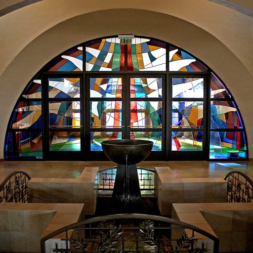 Narthex-to-Baptistry Doors: Pool mosaics by Julie Richey & Lynne Chinn; cast bronze Font by Jordan Wanner. 
