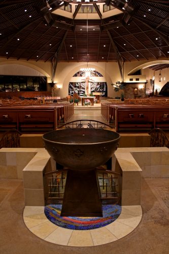 Night view from Baptistry  across Nave to Altar Window. The Cupola Windows above the Altar Table  are at the geometric center of the Nave.