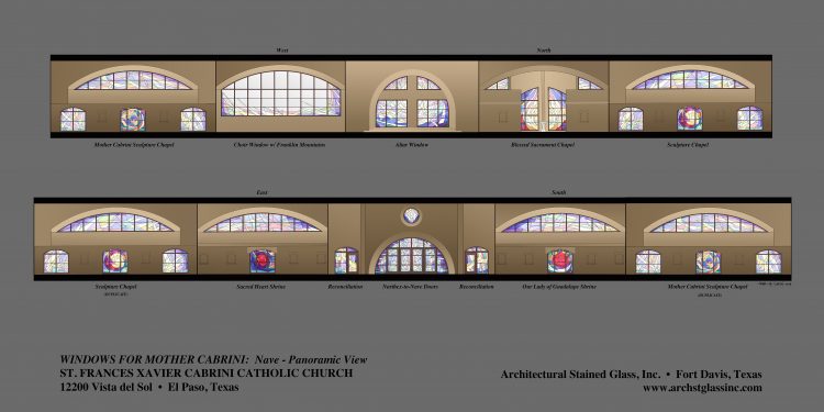 Panoramic view of the 8-sided Nave. Future phases will add Nave Clerestory Windows (4), Nave Side Aisle Windows (4), and Sculpture Chapel Windows (2), plus (not shown here - see above) Narthex Clerestory Windows (6).