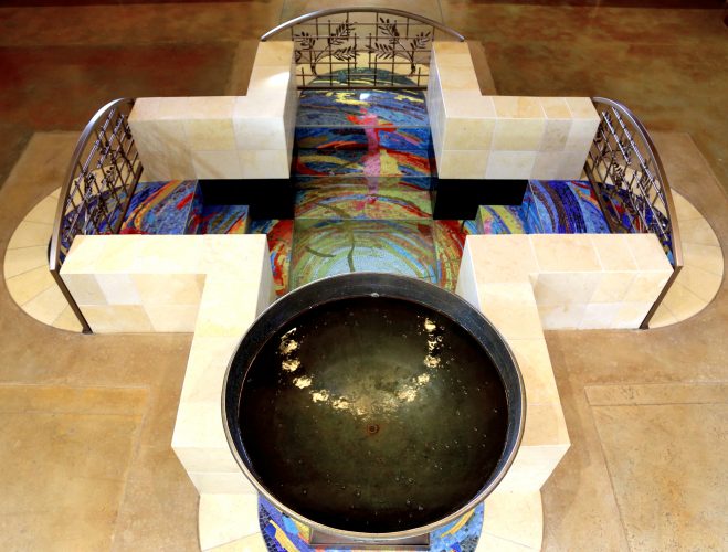 Mosaics in the Baptismal Pool anticipate the Altar Window's stained glass. Photo © Manuel Aragon
