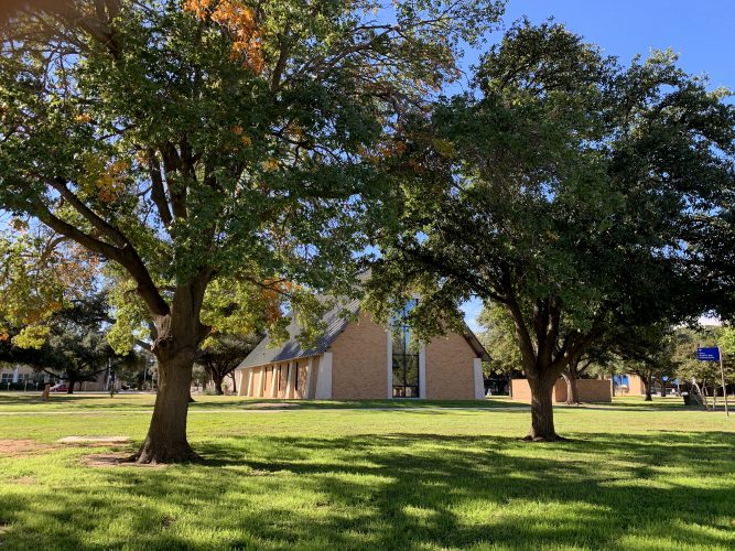 View across the quad to Stephens Chapel and Altar Window.