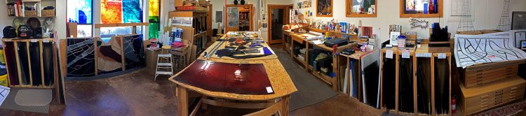 180˚ panorama: East end of Main Fabrication Studio during the making of Stephens Chapel's Stained Glass.