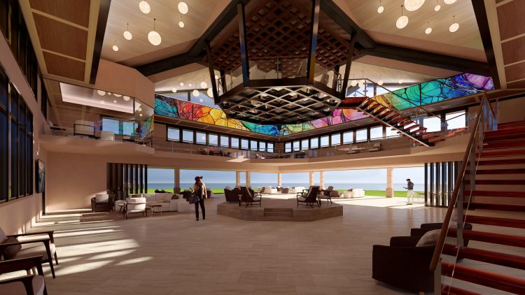 Artist's perspective showing two of four sides of the mirror & LED backlit stained glass being planned for the Great Room at Teppy Mountain Retreat. Actual designs for the stained glass are now underway. Rendering courtesy Hawaii Island Architects, LLC.