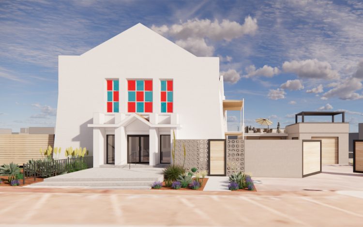 West-facing entry façade with soon-to-be replaced red and blue glazing. (perspective rendering courtesy Agent Architecture, Dallas)