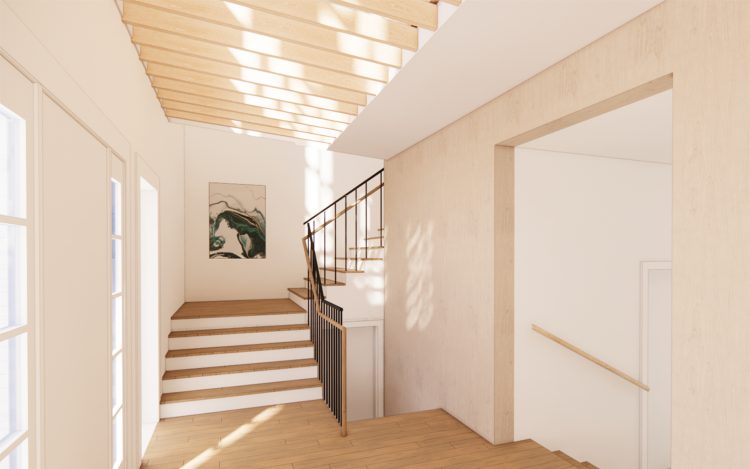 Stairs from open foyer up to Main Living Area.  (perspective rendering courtesy Agent Architecture, Dallas)