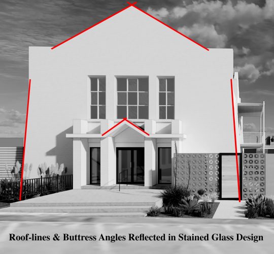 Non-rectilinear angles that subtly influence the stained glass design.